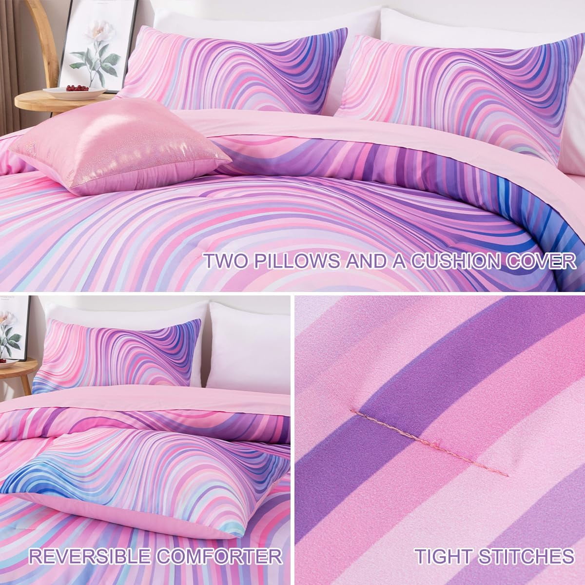 All-Season 6 Pieces Gradient Star Ring Comforter Set, Colorful Glitter Rainbow Wave Stripes Pattern Bedding Set for Boys Girls T... - Hypoallergenic Ultra-Fluffy Quilt for Winter Detail