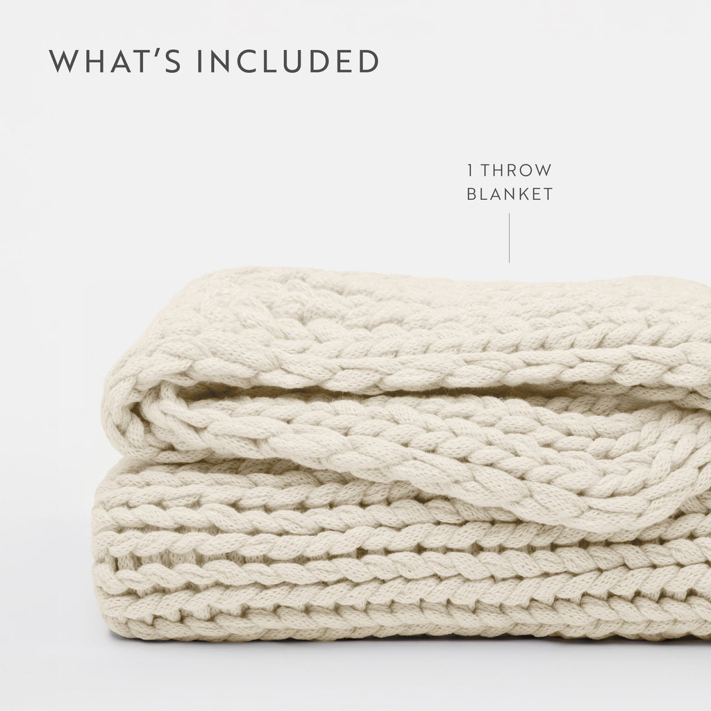 Decorative Knitted Soft & Cozy Chunky Hand-Knit Throw Blanket, Ivory - Cozy Fleece Throw Blanket for Couch & Bed Detail