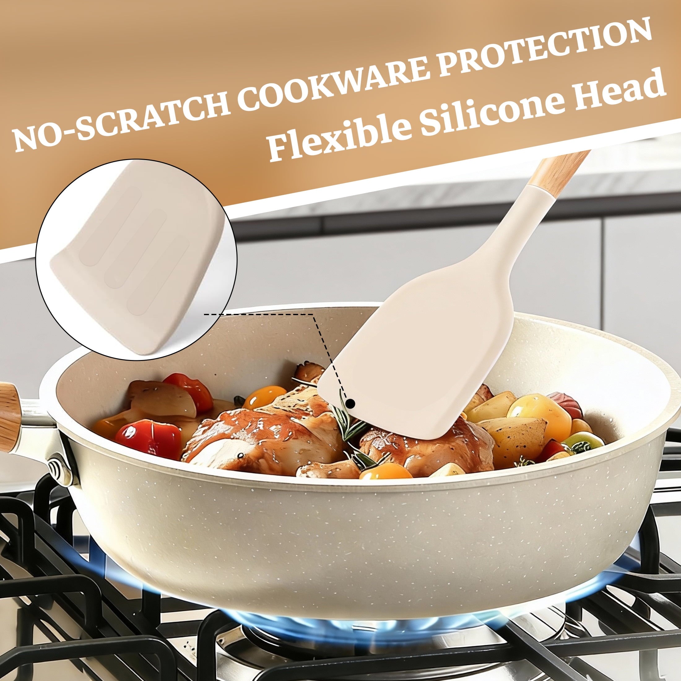 Ergonomic Cooking 14-Piece Silicone Cooking Utensils Set, Non-Stick Kitchen Utensil Set for Baking, Flipping, Mixing, White - Durable Turner & Ladle Utensil Set for Home Chefs Detail