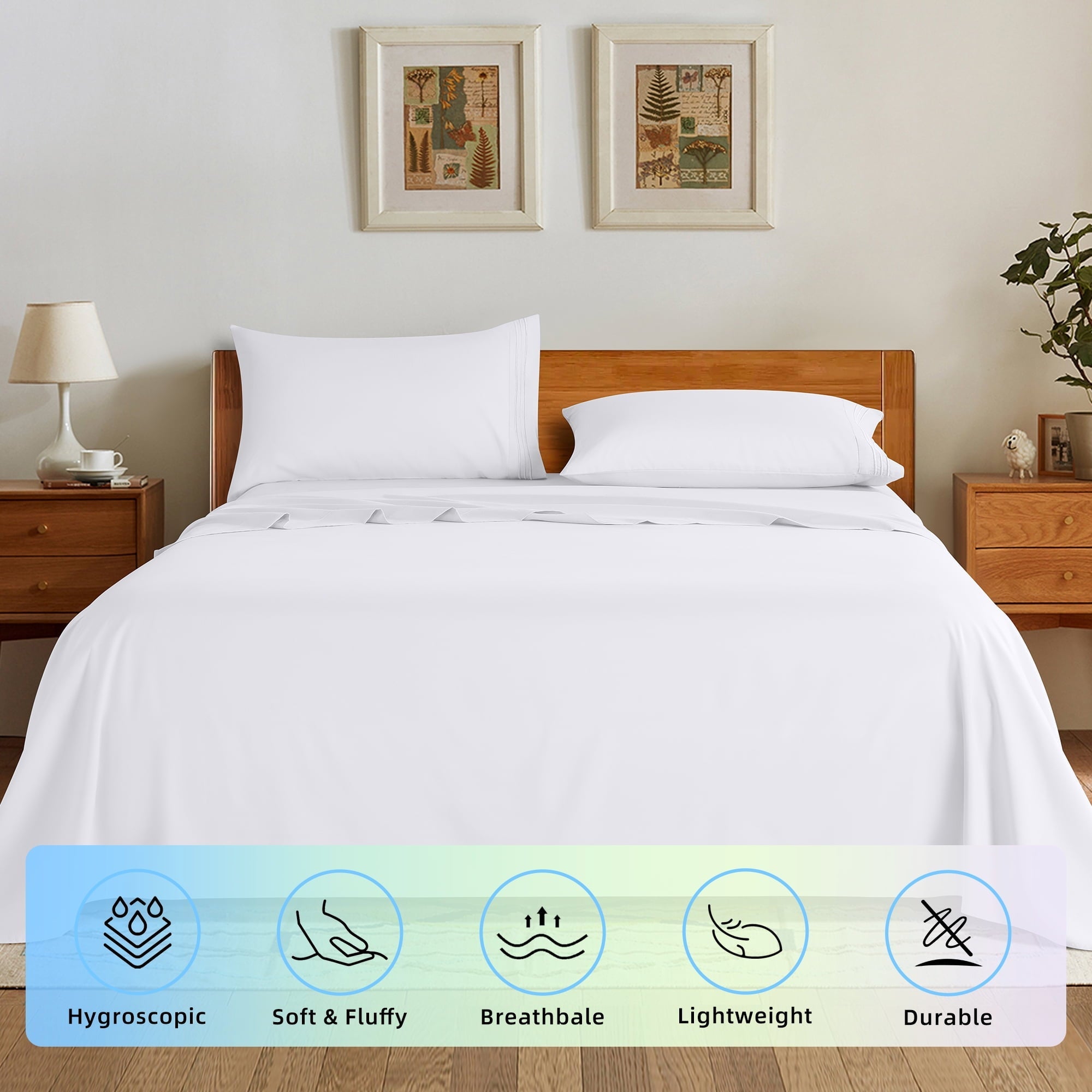 Wrinkle-Resistant Bed Sheets Set, Microfiber Deep Pocket 4 Pieces Luxury Soft Sheet Set, Queen, White - Premium Ultra-Soft Pillowcase Pair for Sleeping Detail