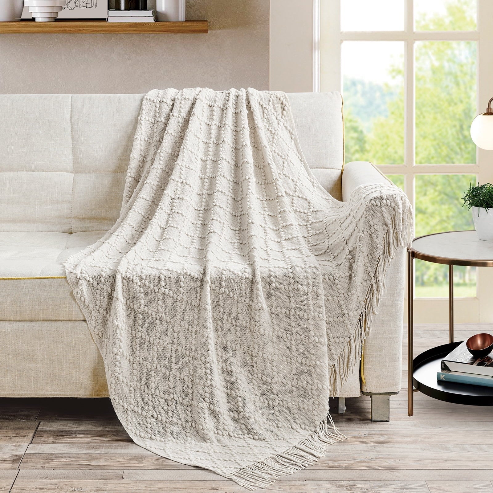 Cozy Fleece Texture Pure Color Soft Throw Blanket and Sofa Or Bed Knitted Decorative Blanket 50 x70 inches Jacquard Diamond Beige... - Lightweight Plush Warm Blanket for All Seasons Detail