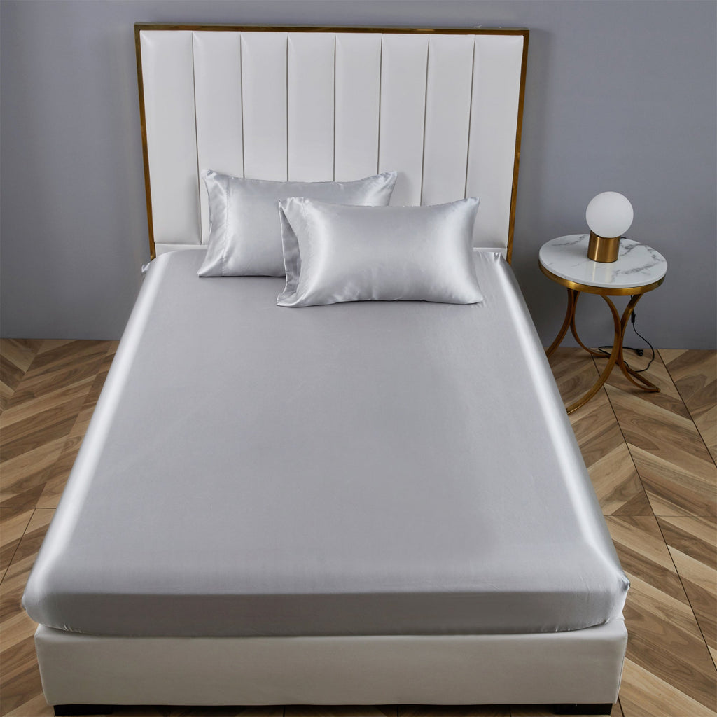 Wrinkle-Resistant Satin Fitted Sheet King Size 14 Inch Deep Pocket Bed Sheet Silk Sheet Ultra Soft Machine Washable, Light Gray - Premium Ultra-Soft Pillowcase Pair for Sleeping Detail