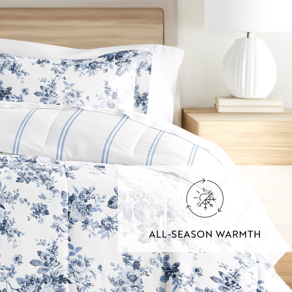 Luxurious Quilted Down Alternative Cabbage Rose Stripe Stone Reversible Comforter Set - Hypoallergenic Ultra-Fluffy Quilt for Winter Detail