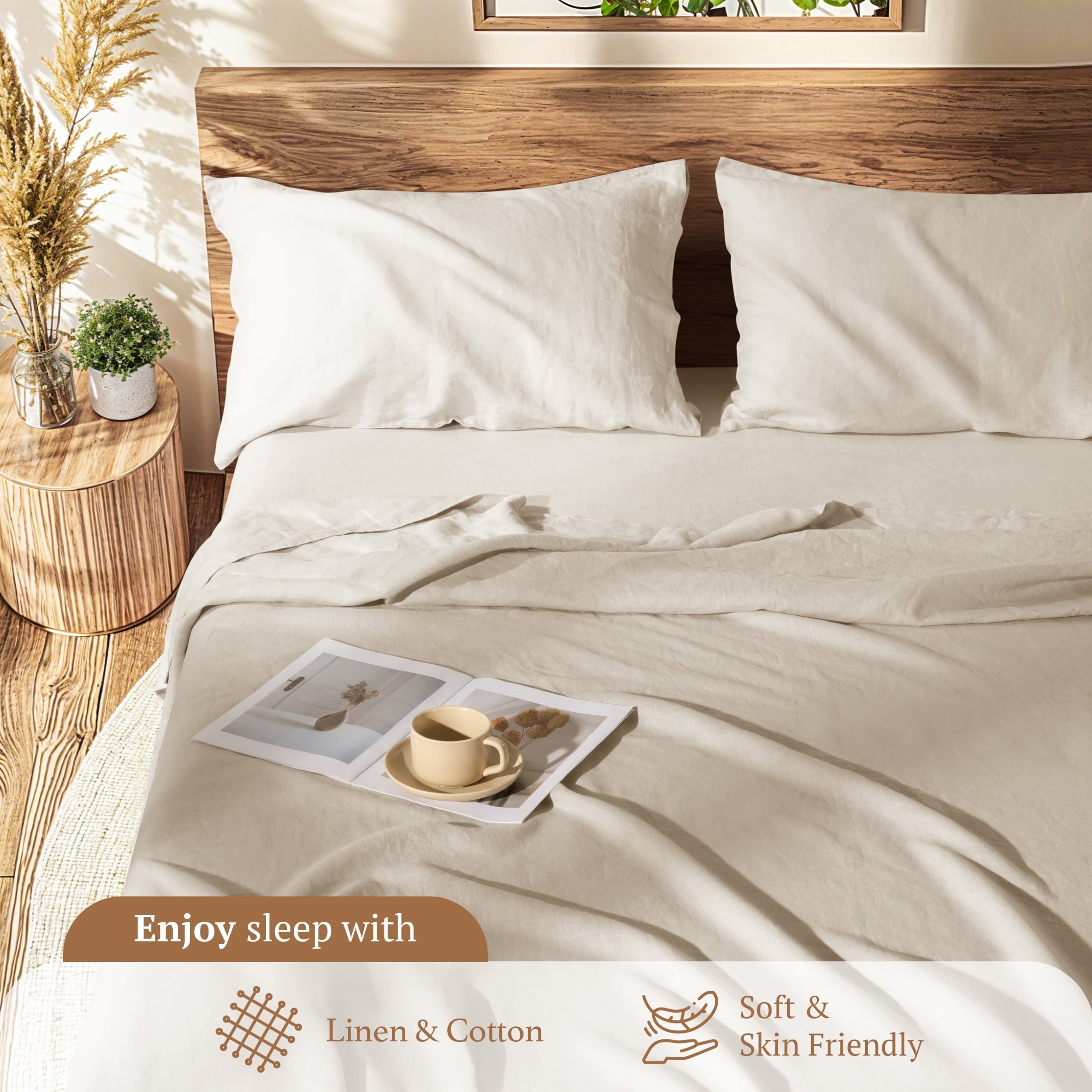 Breathable Luxury Natural Linen Cotton Bed Sheets Set, Deep Pocket - Breathable - Durable - 4 Pieces (Linen, Queen) - Breathable Egyptian Cotton Flat & Fitted Sheets Detail