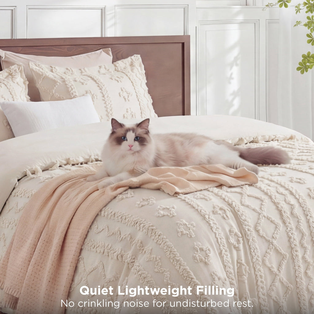 Fluffy Down Alternative Tufted Boho Comforter Set Queen, Beige, 3 Pieces Farmhouse Shabby Chic Embroidery Bedding Set, Soft Jacquard Comforte... - Luxurious Quilted Duvet Cover Set Detail