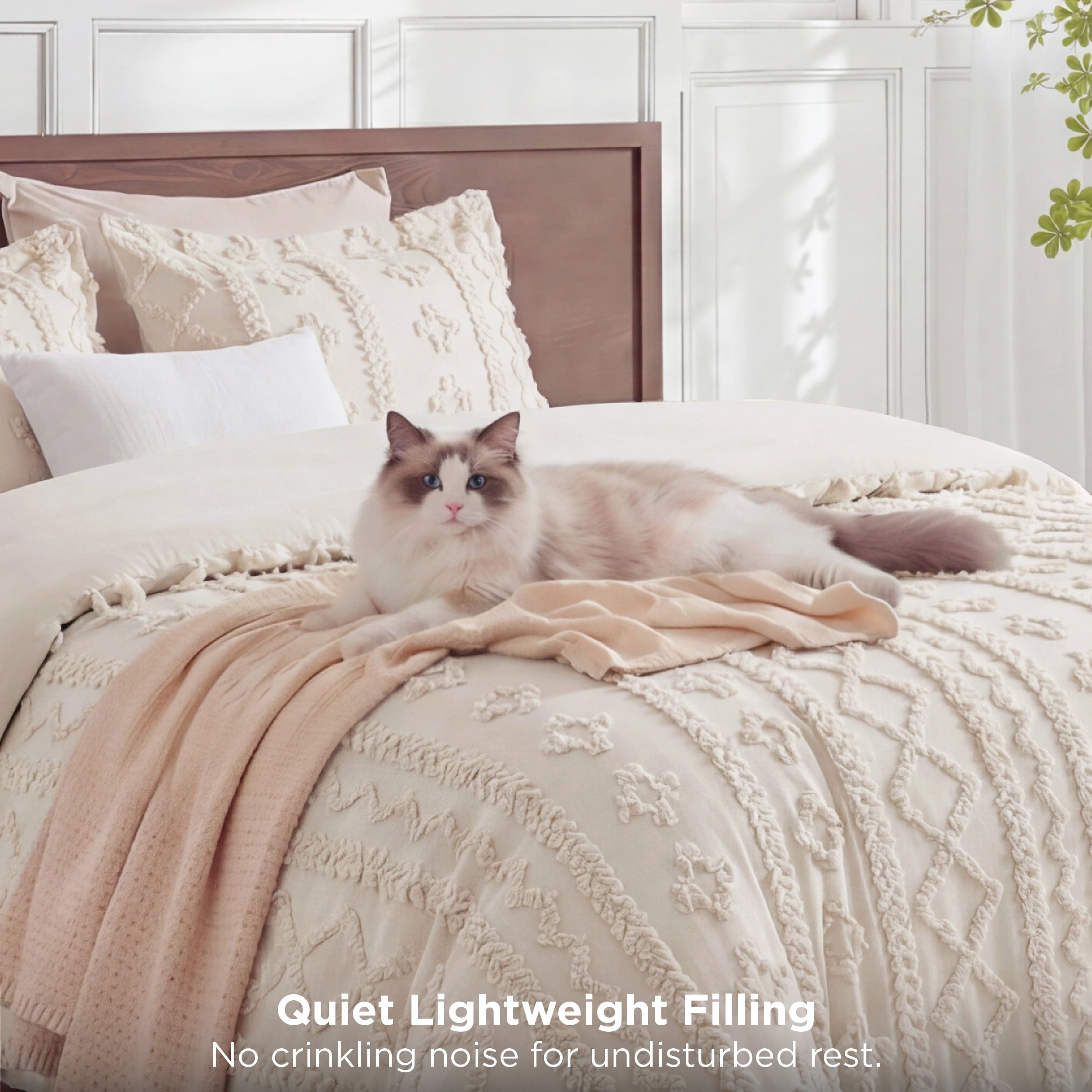 Fluffy Down Alternative Tufted Boho Comforter Set Queen, Beige, 3 Pieces Farmhouse Shabby Chic Embroidery Bedding Set, Soft Jacquard Comforte... - Luxurious Quilted Duvet Cover Set Detail