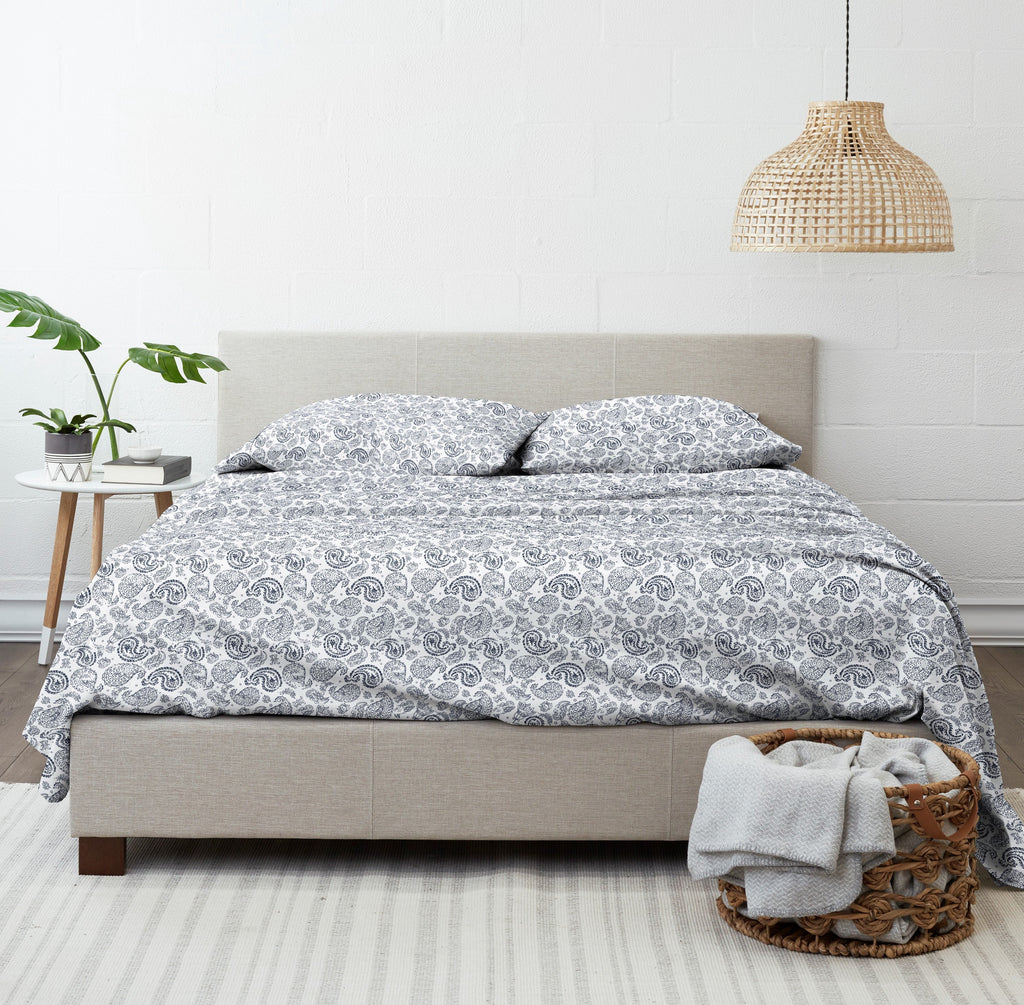 Cooling Sateen 4 Piece Pattern Microfiber Bed Sheets Set, Navy Coarse Paisley, Full - Breathable Egyptian Cotton Flat & Fitted Sheets Detail