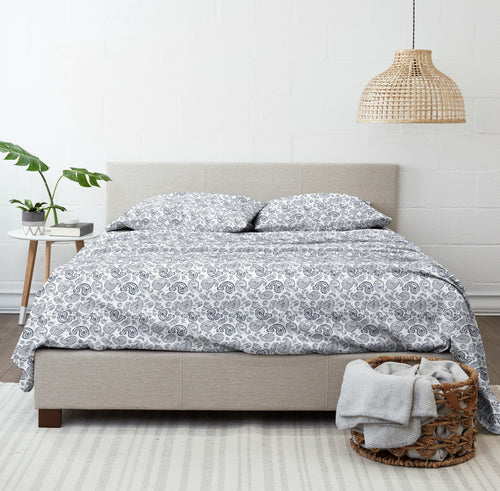 Cooling Sateen 4 Piece Pattern Microfiber Bed Sheets Set, Navy Coarse Paisley, Full - Breathable Egyptian Cotton Flat & Fitted Sheets Detail