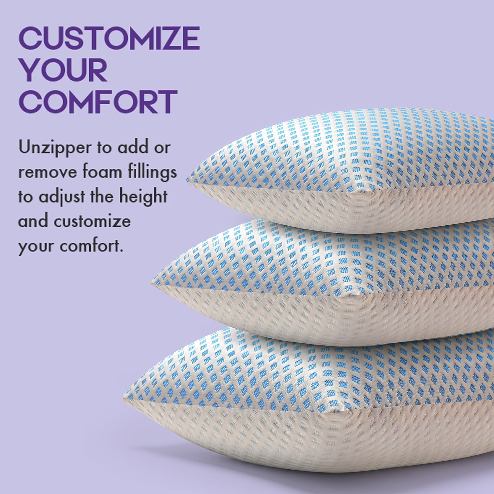 Hotel Collection Cooling Pillows for Bed Sleeping Shredded Memory Foam Pillows Queen Size Set of 2 Pack 20 x 30 inches - Orthopedic Shredded Foam Bed Pillow Set Detail