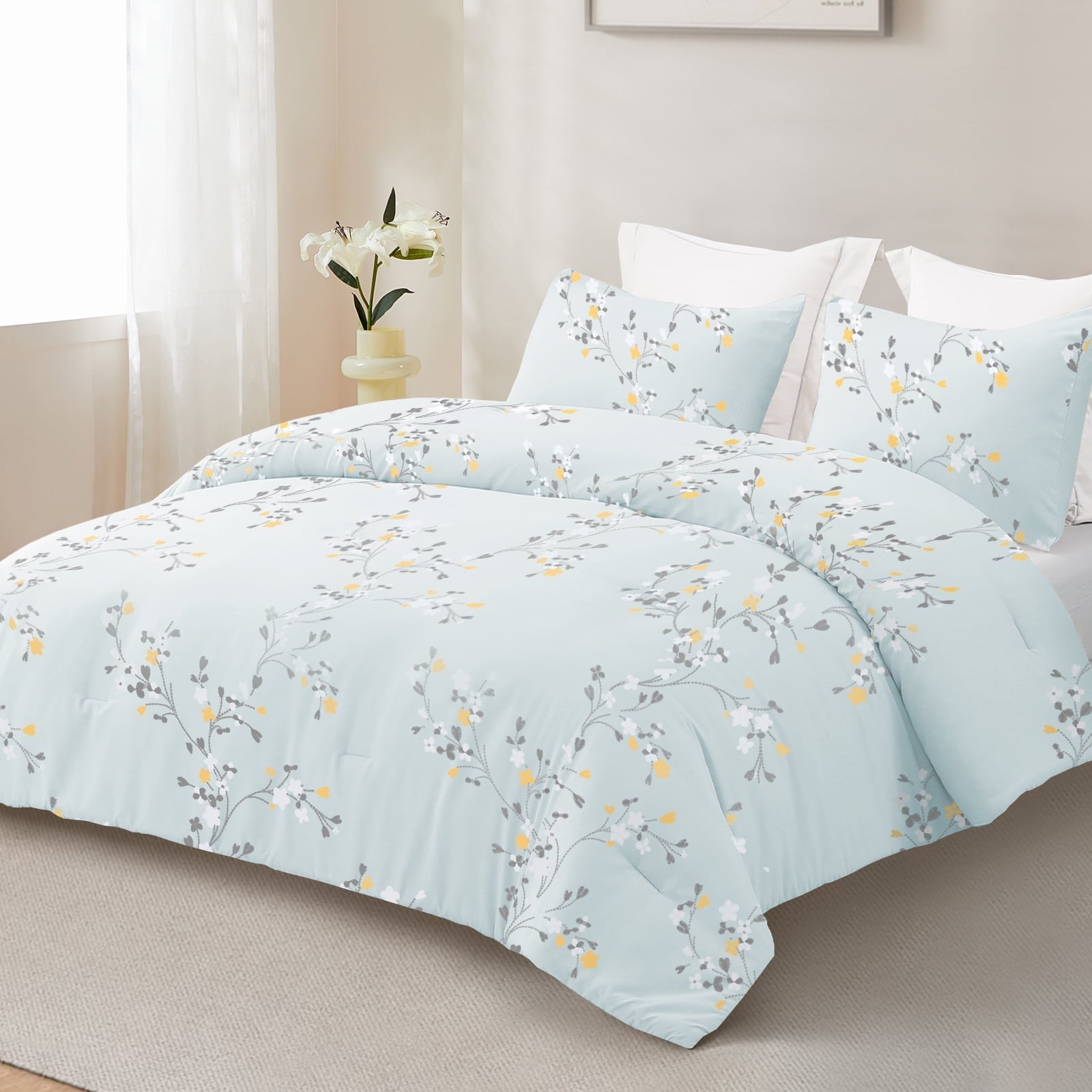 Hypoallergenic Cloud 3-Piece Floral King Size Comforter Set, Microfiber Bedding Down Alternative Comforter for All Seasons with 2 Pillow S... - All-Season Down Alternative Comforter Insert Detail