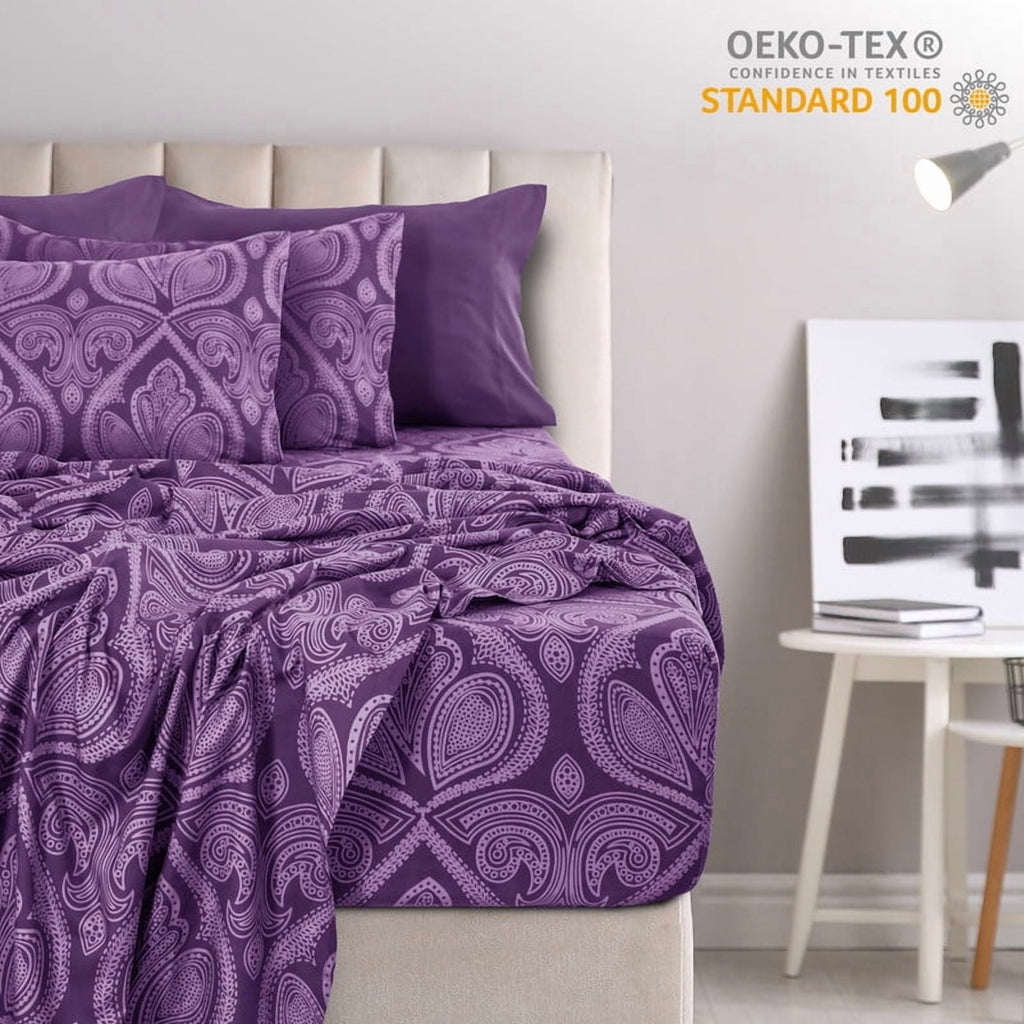 Breathable Luxury Paisley Printed Queen Bed Sheets Set, Microfiber 6 Piece Bedding Set - Purple - Breathable Egyptian Cotton Flat & Fitted Sheets Detail