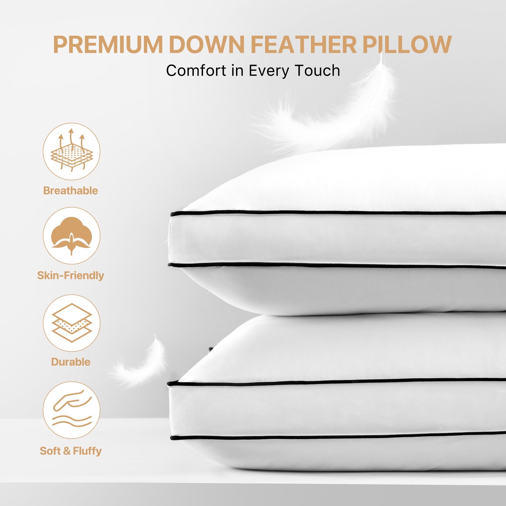 Hotel Collection Gusseted Feather Down Pillow Set of 2, Medium Firm Hotel Bed Pillows 2 Pack, Queen Size for Side Sleepers, 20 x 30 in - Orthopedic Shredded Foam Bed Pillow Set Detail