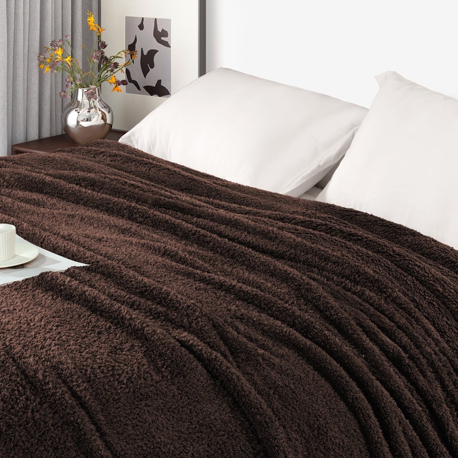 Reversible Sherpa Fuzzy Fleece Throw Blanket for Couch Sofa, Lightweight Fluffy Solid Velvet Blanket, 50x60 Inches, Coffee - Luxury Knitted Decorative Throw Blanket with Fringes Detail