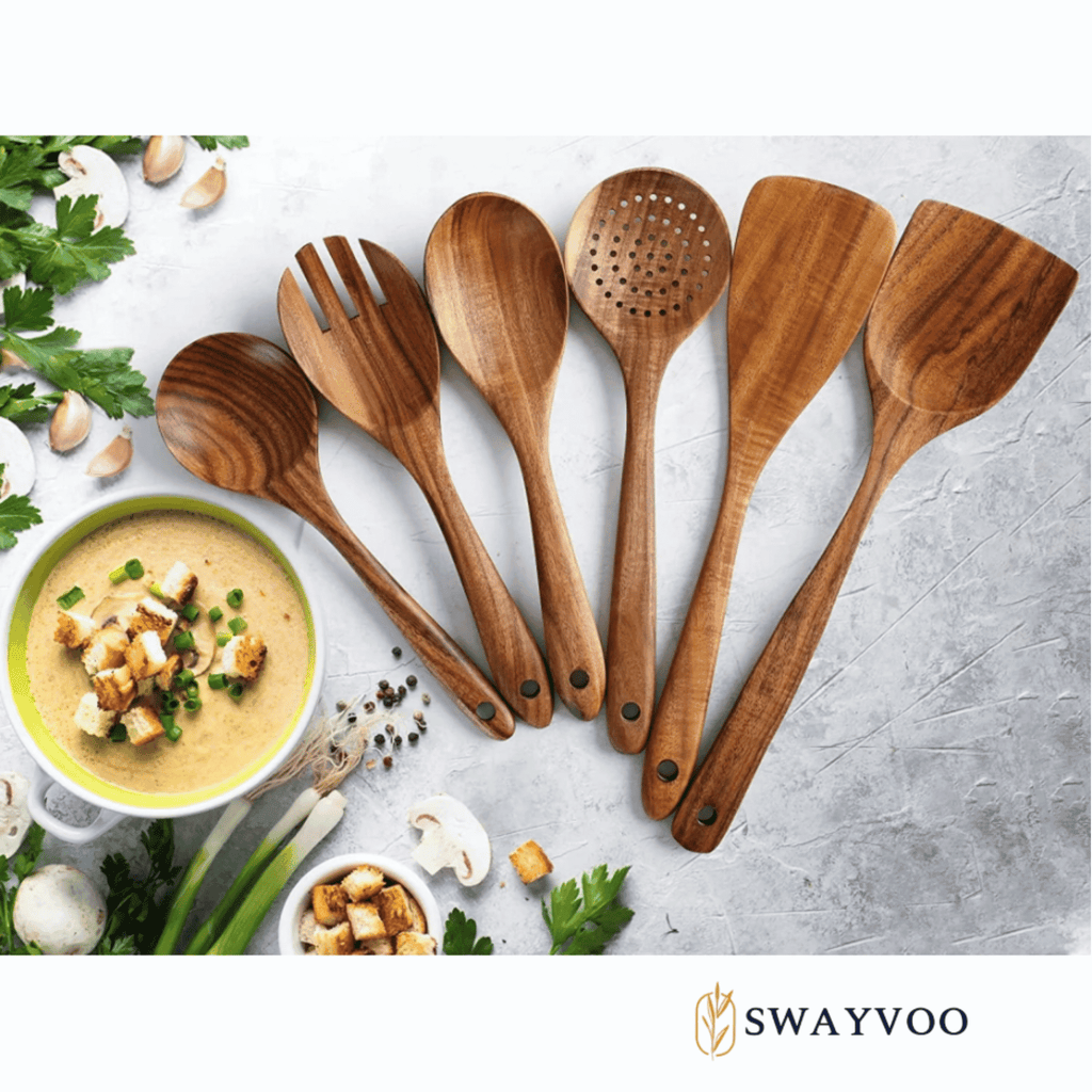 Heat-Resistant Wooden Spoons for Cooking, 6-Piece 100% Natural Teak Wooden Utensils for Cooking — Heat Resistant, Non-Stick ... - Ergonomic Kitchen Tongs and Cooking Spoon Utensil Detail