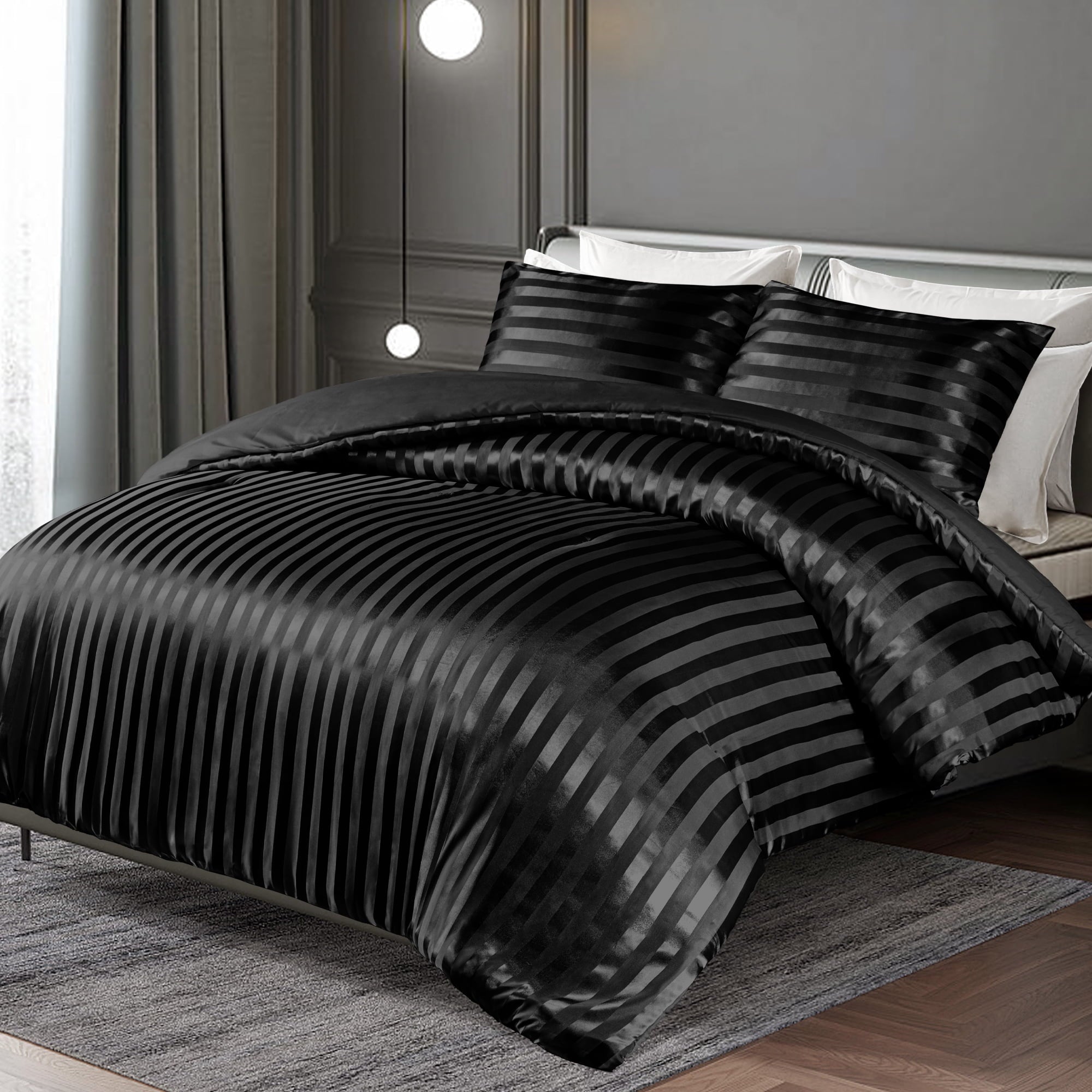 All-Season 3-Piece Reversible Silky Soft King Size Comforter Set, Luxury Stripe Satin Oversized Comforter Bedding Set with 2 Sat... - All-Season Down Alternative Comforter Insert Detail