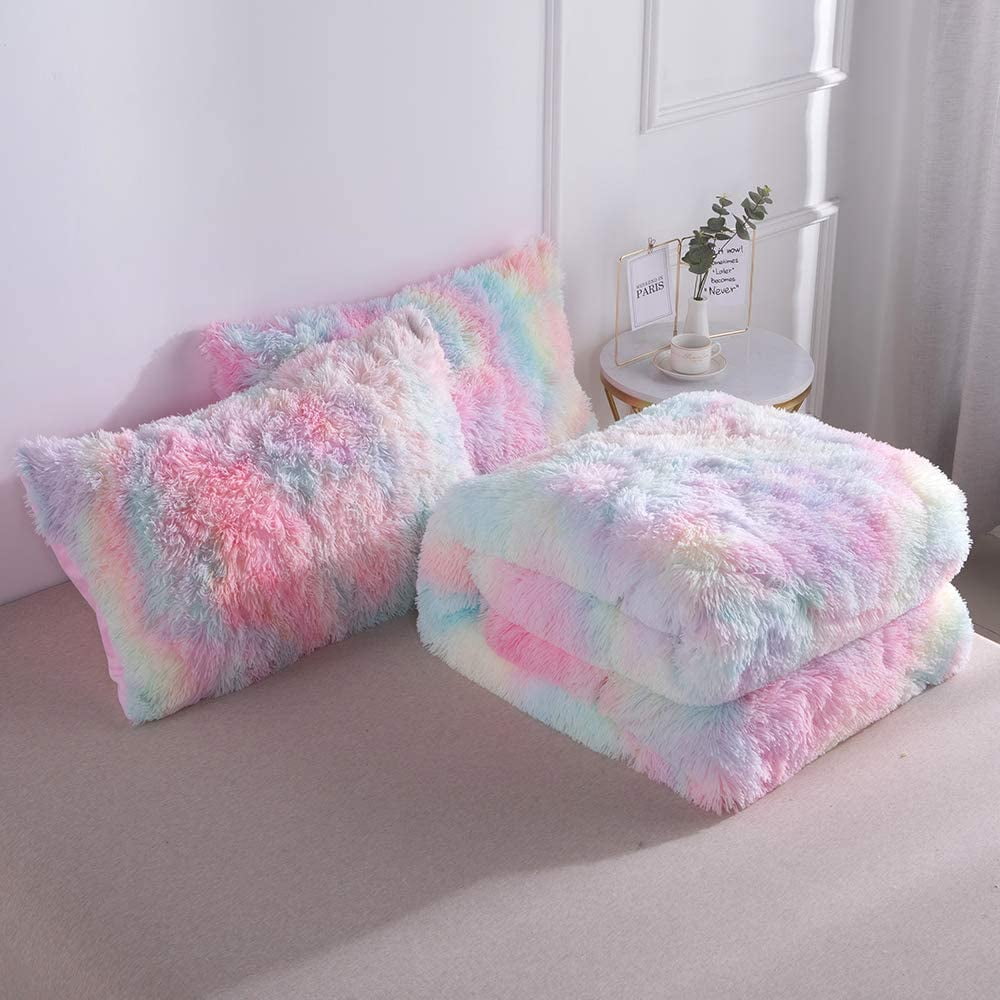 Hypoallergenic Cloud Plush Shaggy Comforter Set Fluffy Fuzzy Faux Fur Bedding Set - Microfiber Soft Warm Quilt Set(Rainbow Pink,Queen Size) - All-Season Down Alternative Comforter Insert Detail