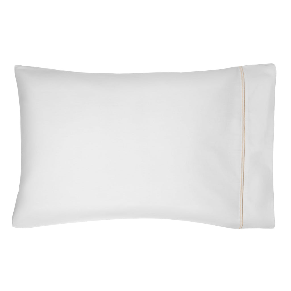 Wrinkle-Resistant 4-Piece 300 Thread Count White Pima Cotton Bed Sheet Set with Tan Hem, Full , Adult/Teen - Breathable Egyptian Cotton Flat & Fitted Sheets Detail