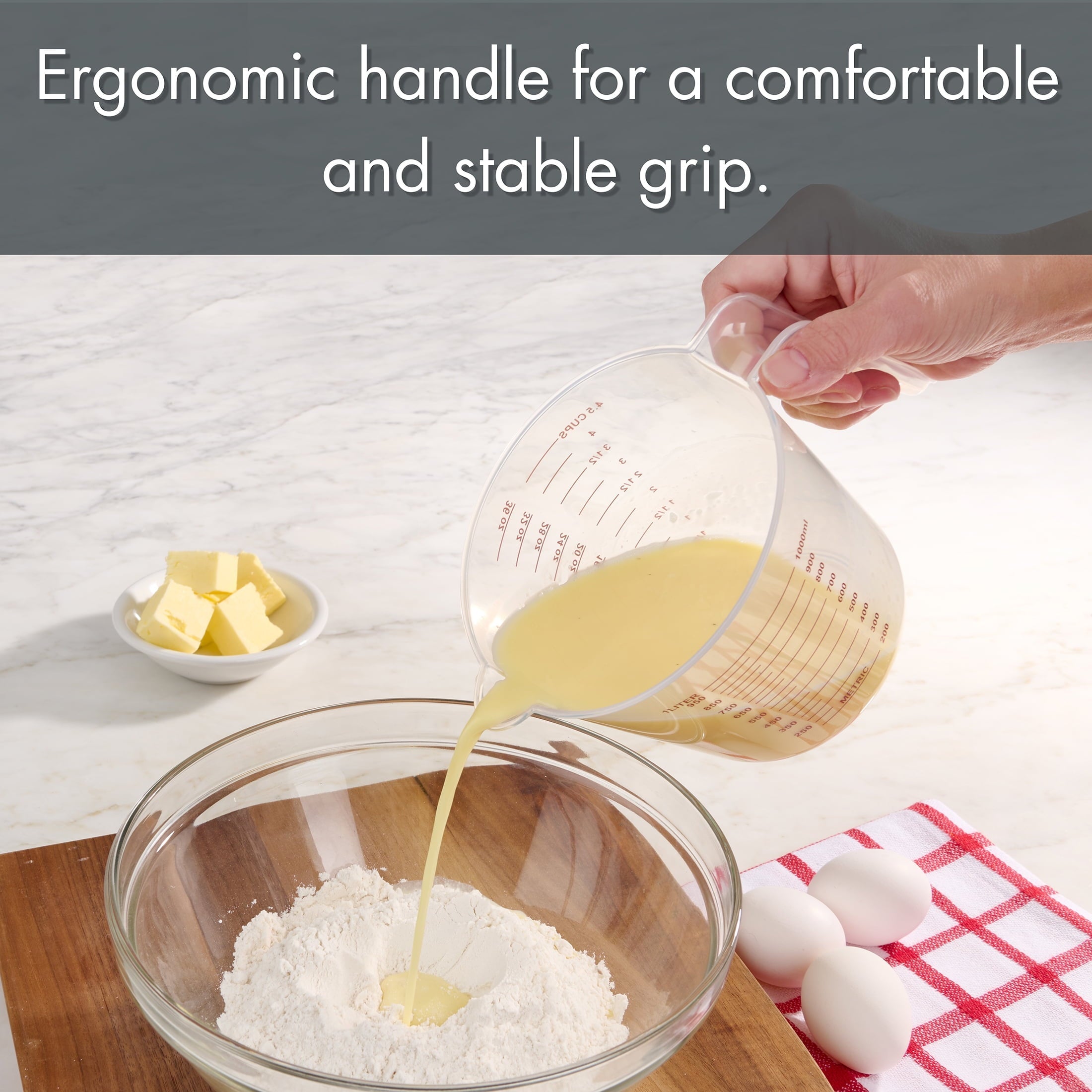 Multi-Functional 3-Piece Tapered Spout Nesting Plastic Measuring Cups Set, Clear - Premium Stainless Steel Garlic Presser & Peeler Detail
