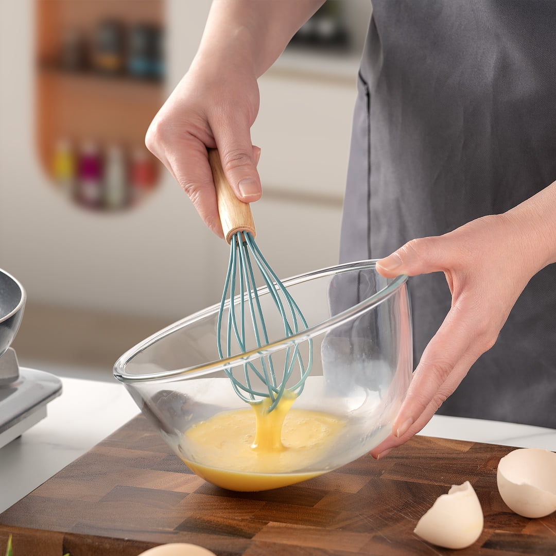 Seamless One-Piece Small Silicone Cooking Utensils with Holder Set (12Pack), Aqua Kitchen Tools with Wooden Handle for Nonstick... - Ergonomic Kitchen Tongs and Cooking Spoon Utensil Detail