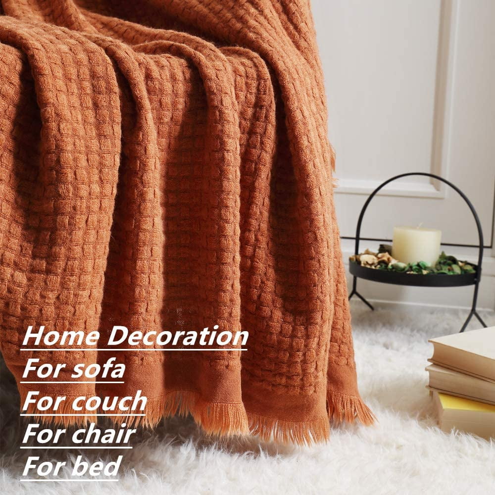 Reversible Sherpa Farmhouse Rust Knit Throw Blanket for Couch Sofa Chair Bed Home Decoration, Soft Warm Cozy Light Weight for Spring Su... - Luxury Knitted Decorative Throw Blanket with Fringes Detail