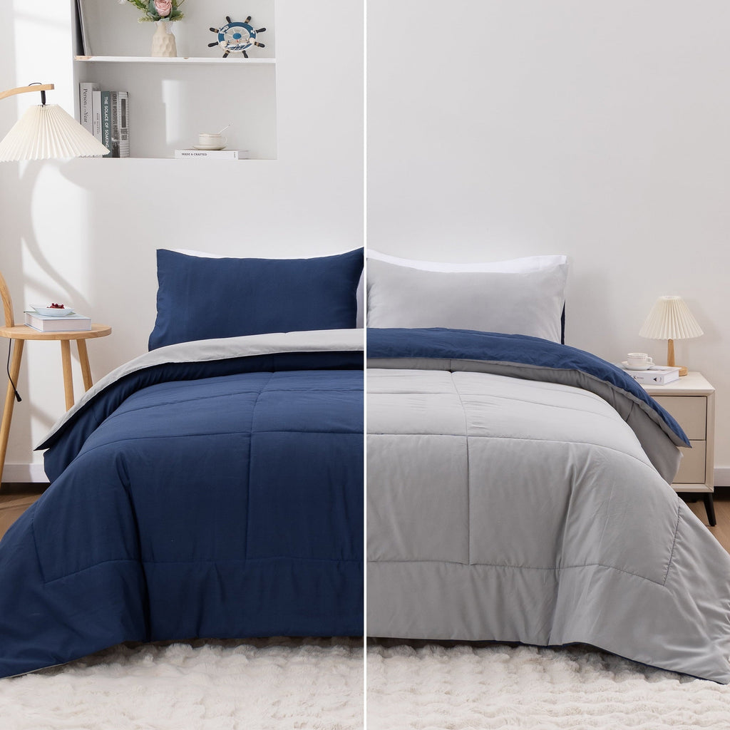Hypoallergenic Cloud Queen Comforter Set All Season Reversible Bed Set with 2 Pillow Cases 3 Pieces Bedding Sets Down Alternative Blue/Gra... - All-Season Down Alternative Comforter Insert - Default Title